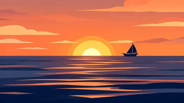 Flat vector illustration of a summer sunset over the ocean with a small distant sailboat silhouette