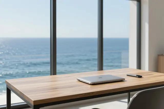 Light wood home office desk with a laptop and phone beside floor-to-ceiling windows overlooking a calm blue ocean