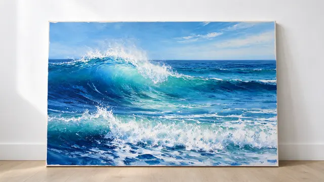 Large acrylic ocean wave painting leans against a white wall on light oak flooring