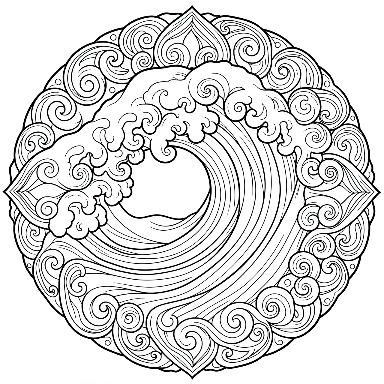 Intricate black and white line art of an ocean wave mandala on a plain white background, designed for a coloring page