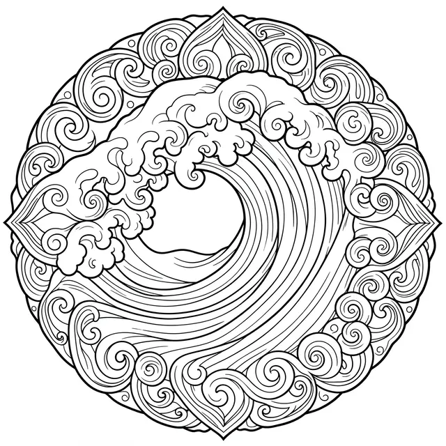 Intricate black and white line art of an ocean wave mandala on a plain white background, designed for a coloring page