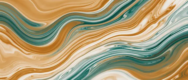 Smooth sweeping marbled flow of ochre, teal, and off-white fluid art fills the frame