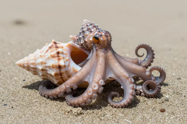 A small octopus partially emerging from a patterned seashell resting on fine beach sand.