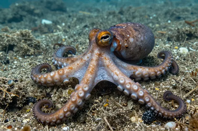 A patterned brown and white octopus rests on a rocky, sandy underwater seabed.