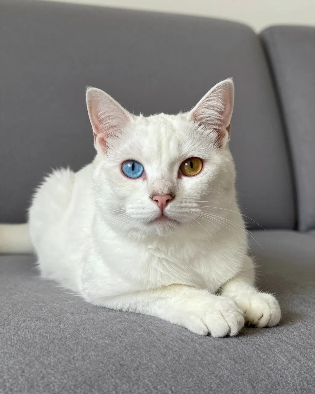 A white odd-eyed cat with one blue and one golden eye lies calmly on a gray fabric sofa.