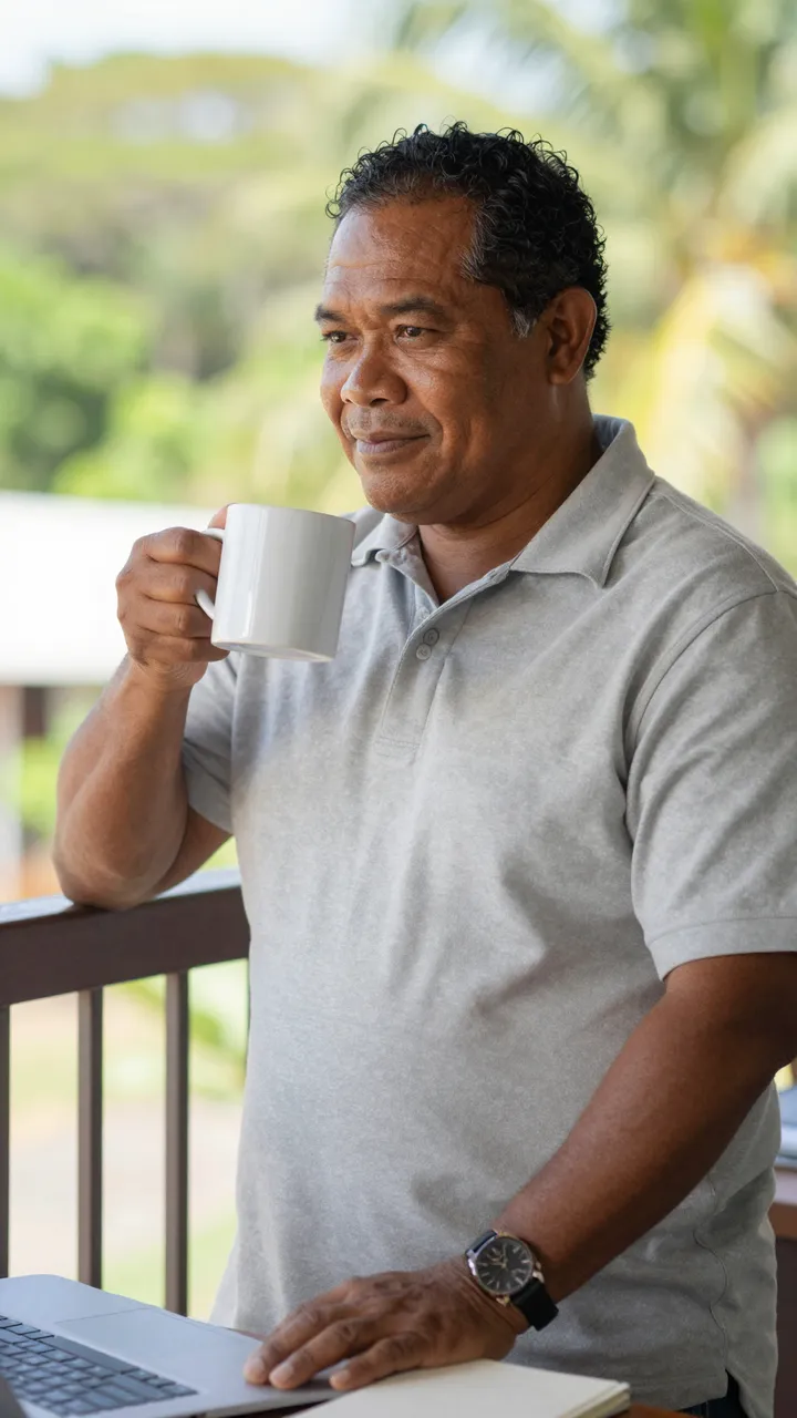Middle aged Pacific Islander man holds a white mug while standing on a sunny office balcony