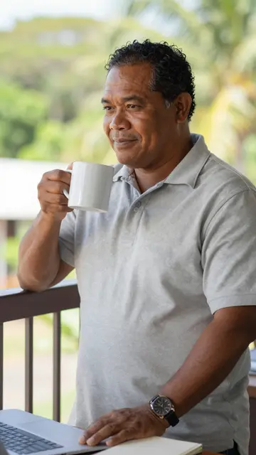 Middle aged Pacific Islander man holds a white mug while standing on a sunny office balcony