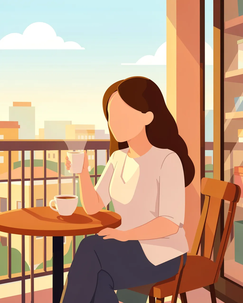 Faceless woman sits on a sunny office balcony holding a coffee cup with a second cup on the table beside her
