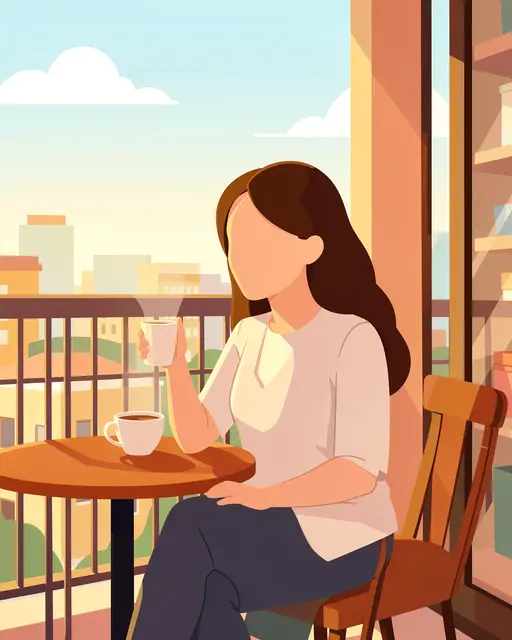 Faceless woman sits on a sunny office balcony holding a coffee cup with a second cup on the table beside her