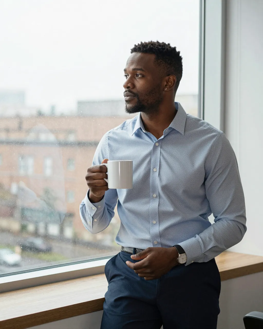 Black professional man in his thirties holds a mug while watching rain from an office window ledge
