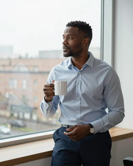 Black professional man in his thirties holds a mug while watching rain from an office window ledge