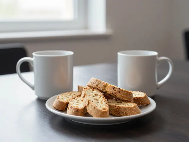Two white ceramic mugs and a plate of nut biscotti sit on a dark table beside a bright office window