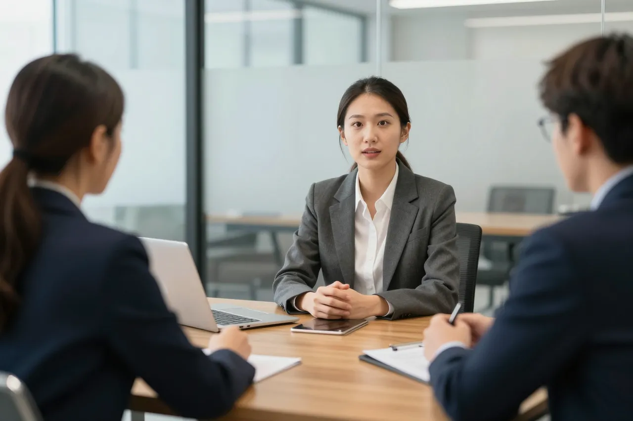 Three business colleagues sit around a wooden table having a meeting in a glass walled office conference room