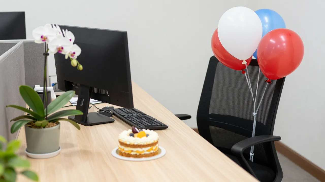 A cleared office desk holds a potted orchid, small cake, with balloons tied to the adjacent office chair.