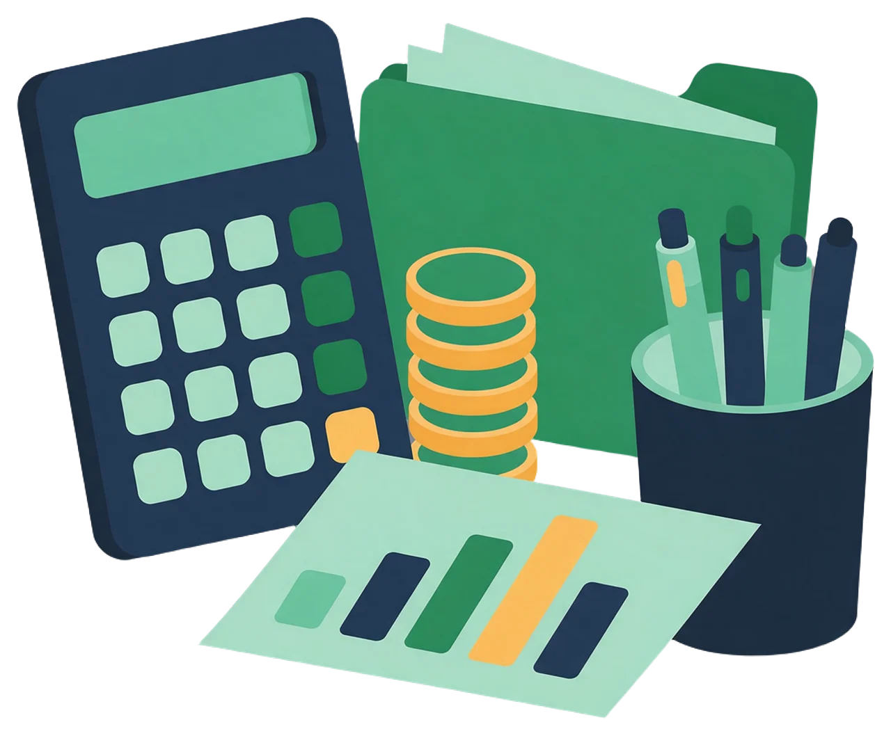 Flat illustration of a calculator, coin stack, folder, bar chart and pen cup grouped together