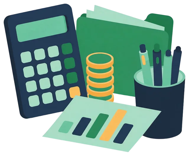 Flat illustration of a calculator, coin stack, folder, bar chart and pen cup grouped together