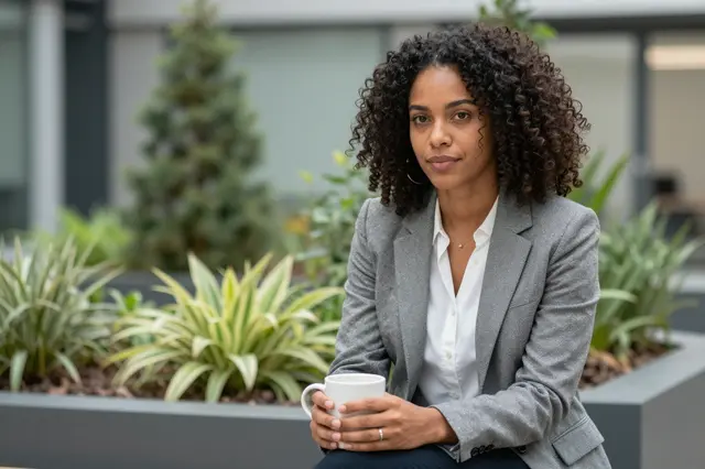Mixed race businesswoman holds a white mug while sitting in an office courtyard garden