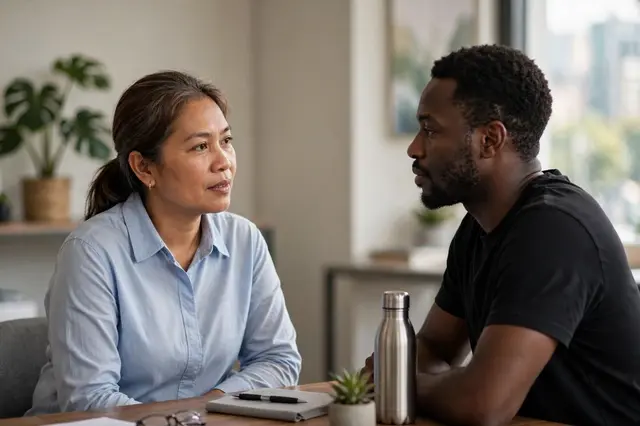 A Southeast Asian woman and a Black man converse across a wooden office desk during a meeting