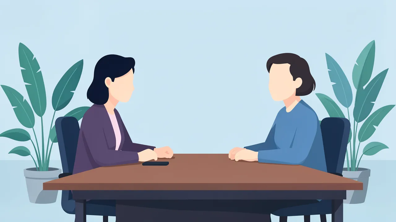 Two faceless people sit across a desk from one another during an office interview, flanked by potted plants.