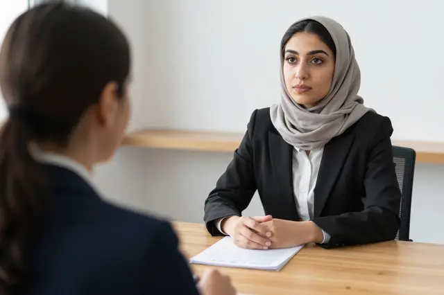 Over the shoulder view of an interviewer facing a Middle Eastern woman in business attire seated at an oak office table