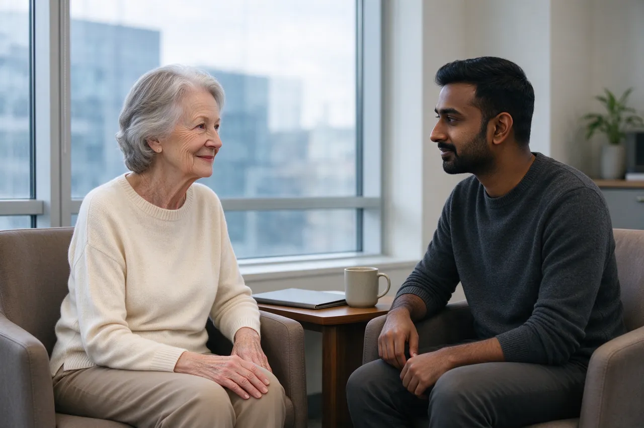 Senior woman and younger man sit in armchairs talking beside a high-rise office window
