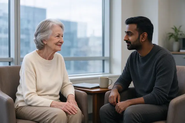 Senior woman and younger man sit in armchairs talking beside a high-rise office window
