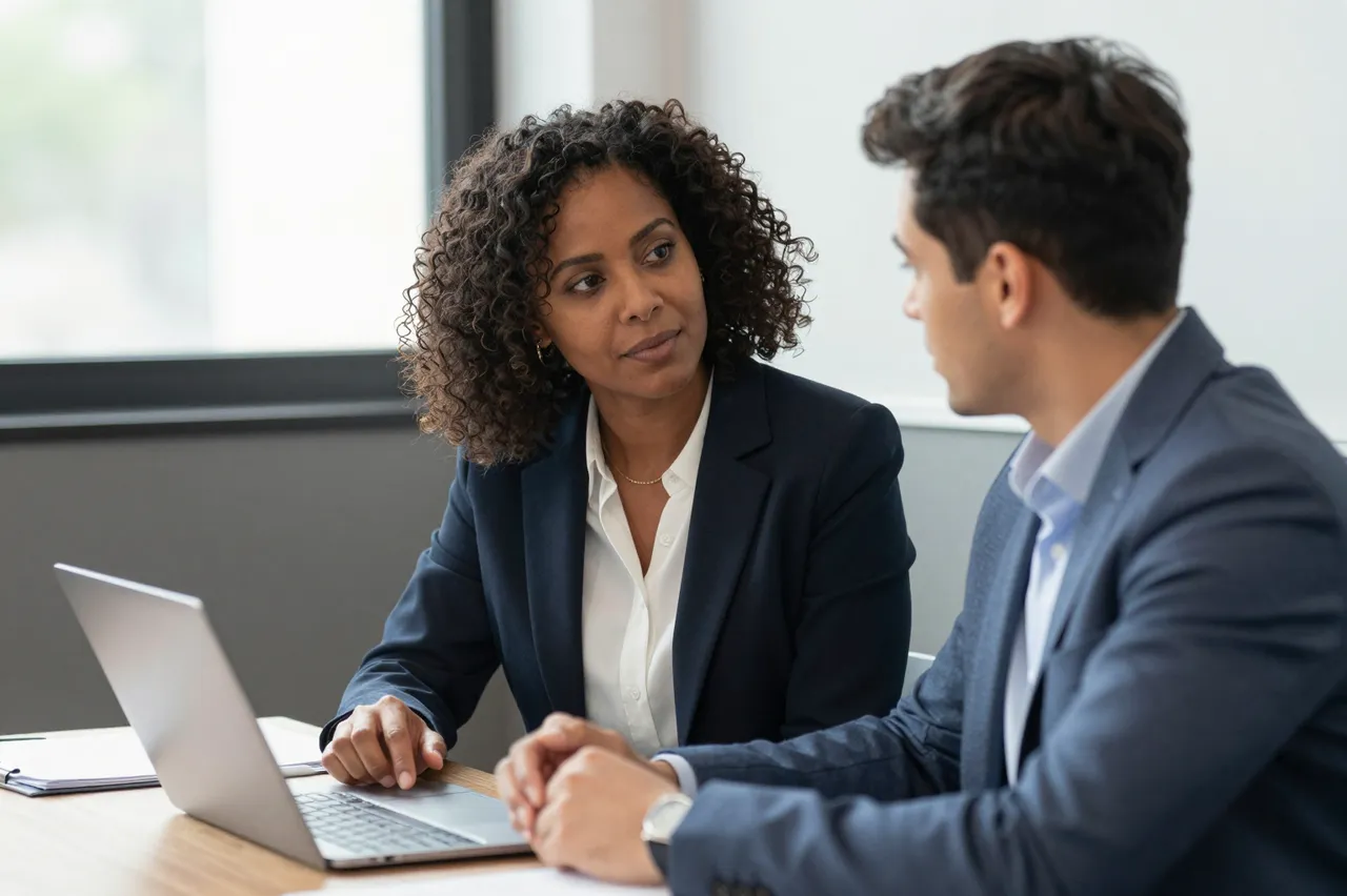 Two business colleagues converse across a laptop at an office conference table