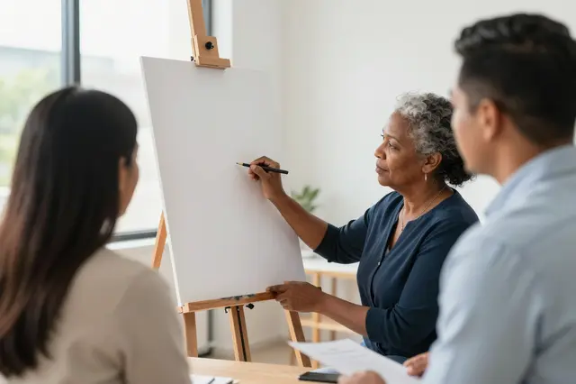 Mature Black woman leads a presentation at a blank easel pad for two colleagues in a sunlit meeting room.