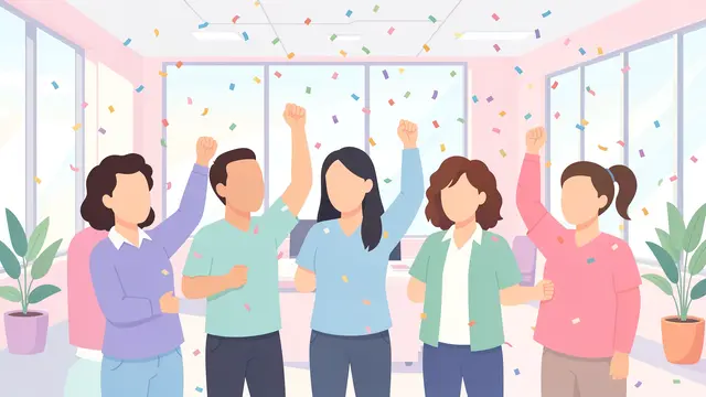 Faceless coworkers cheer with raised fists as confetti falls in a pastel bright office