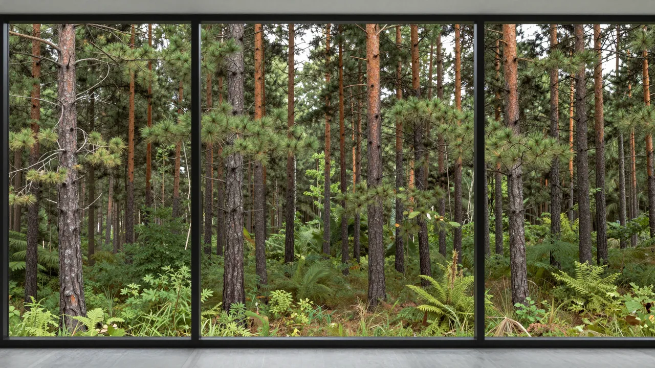 Floor-to-ceiling glass office windows look out onto a dense, lush pine forest