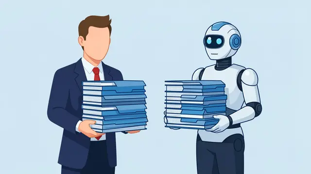 Faceless office worker and robot each hold a stack of blue folders against a light blue background