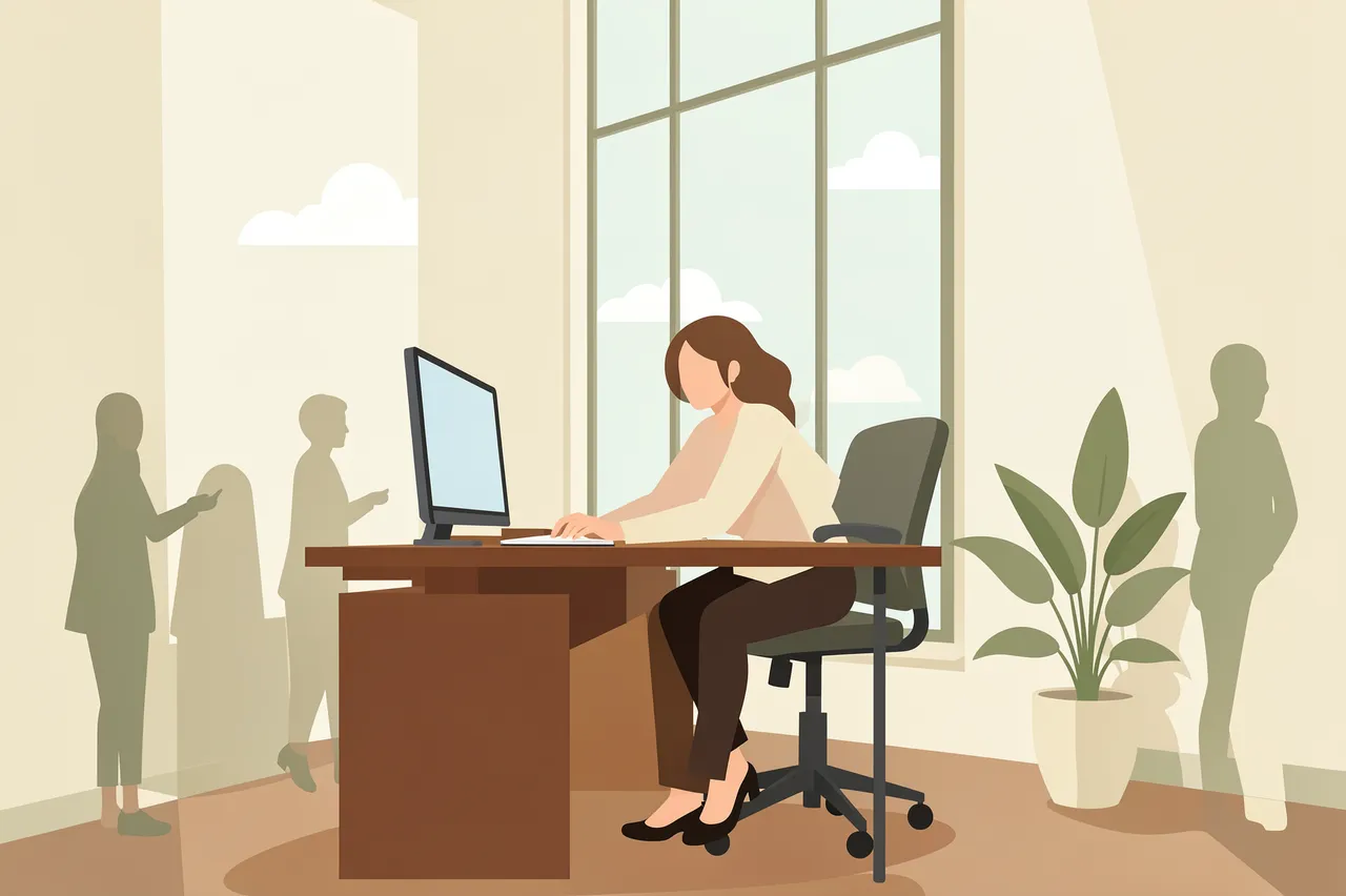 Faceless woman working at a wooden office desk by a tall window with translucent background colleagues and a potted plant
