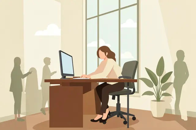 Faceless woman working at a wooden office desk by a tall window with translucent background colleagues and a potted plant