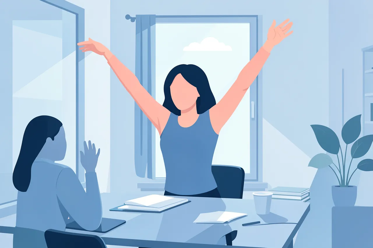 Faceless flat illustration of a woman stretching her raised arms at a home office desk with a seated colleague nearby.