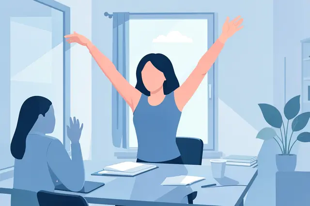 Faceless flat illustration of a woman stretching her raised arms at a home office desk with a seated colleague nearby.
