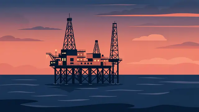 Flat vector illustration of an offshore oil rig sitting on calm sea under a navy and coral dusk sky