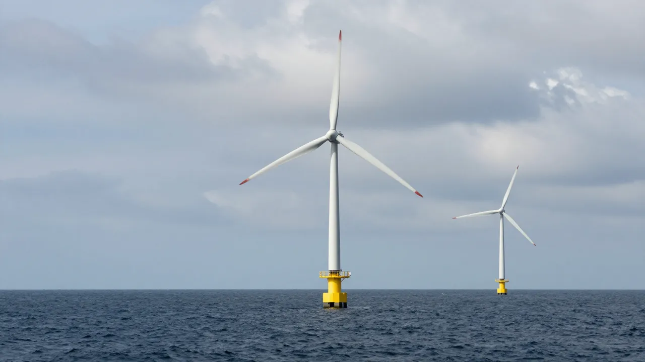 Two offshore wind turbines stand in dark ocean water beneath an overcast cloudy sky.