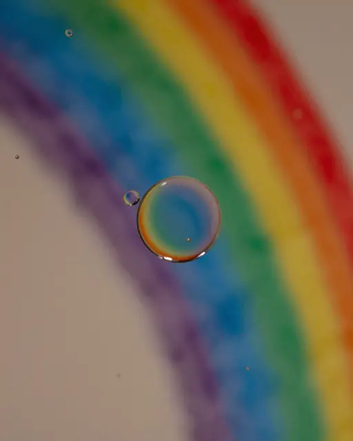 A large central oil droplet with smaller surrounding droplets sits over a blurred diagonal rainbow gradient