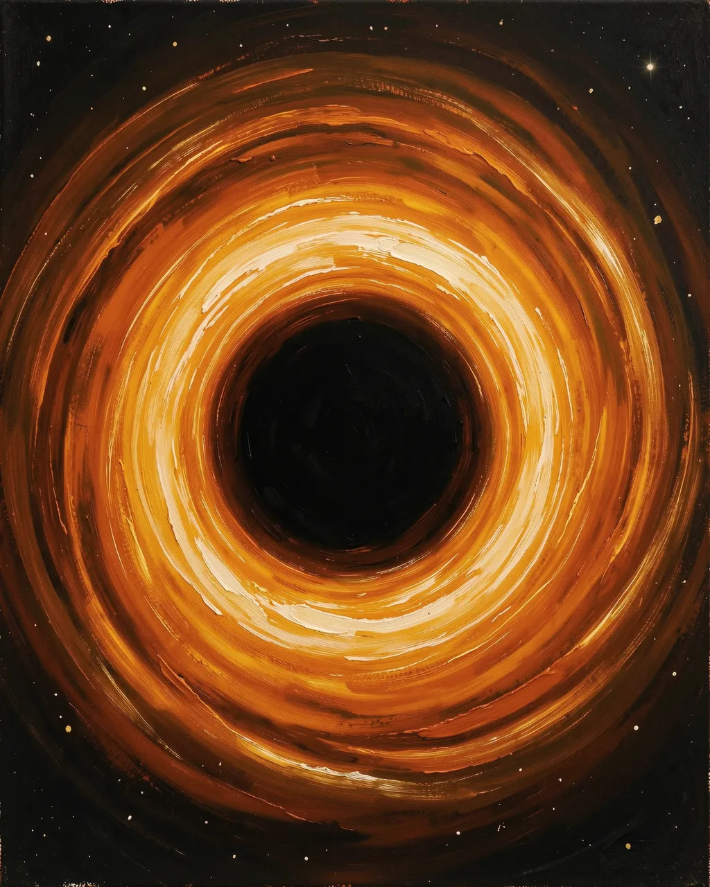 Textured oil painting of a black hole with swirling orange and gold accretion disk against a starry dark space background