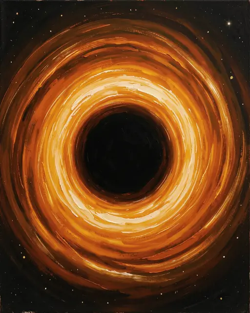 Textured oil painting of a black hole with swirling orange and gold accretion disk against a starry dark space background