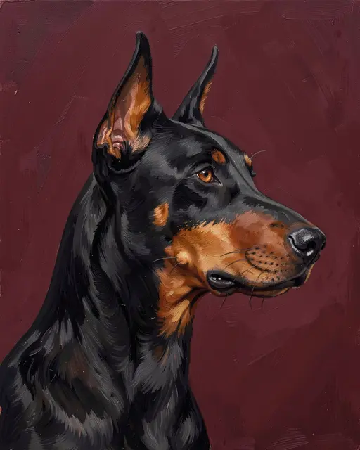 Profile view oil portrait of a black and tan Doberman against a deep burgundy painted background