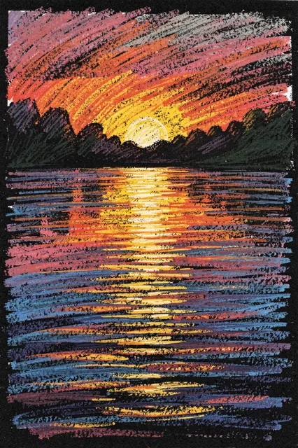 Oil pastel drawing of a setting sun casting a long golden reflection across a calm lake against silhouetted shoreline hills