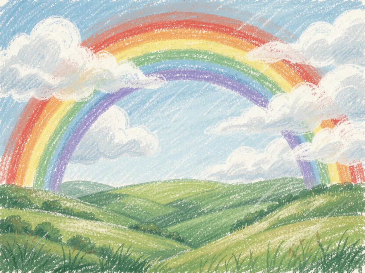 Soft oil pastel drawing of a rainbow arcing above rolling green hills and fluffy clouds after rain