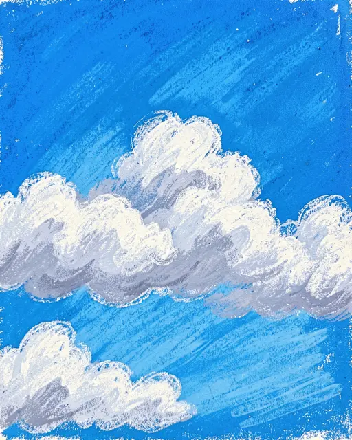 Textured oil pastel drawing of fluffy white clouds against a bright blue sky