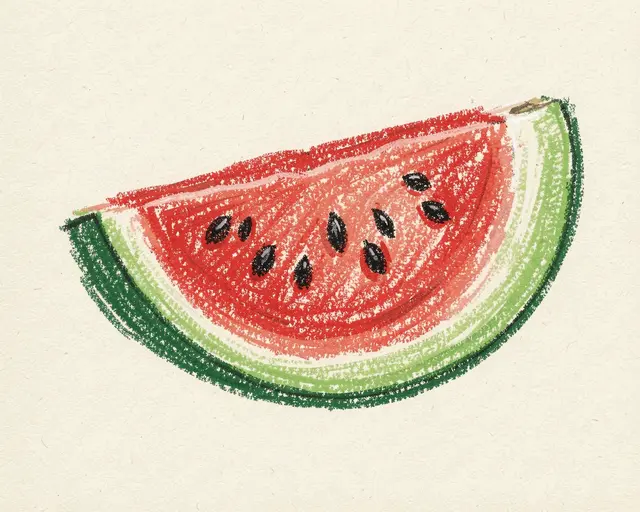 Textured oil pastel drawing of a seeded watermelon slice on cream textured paper