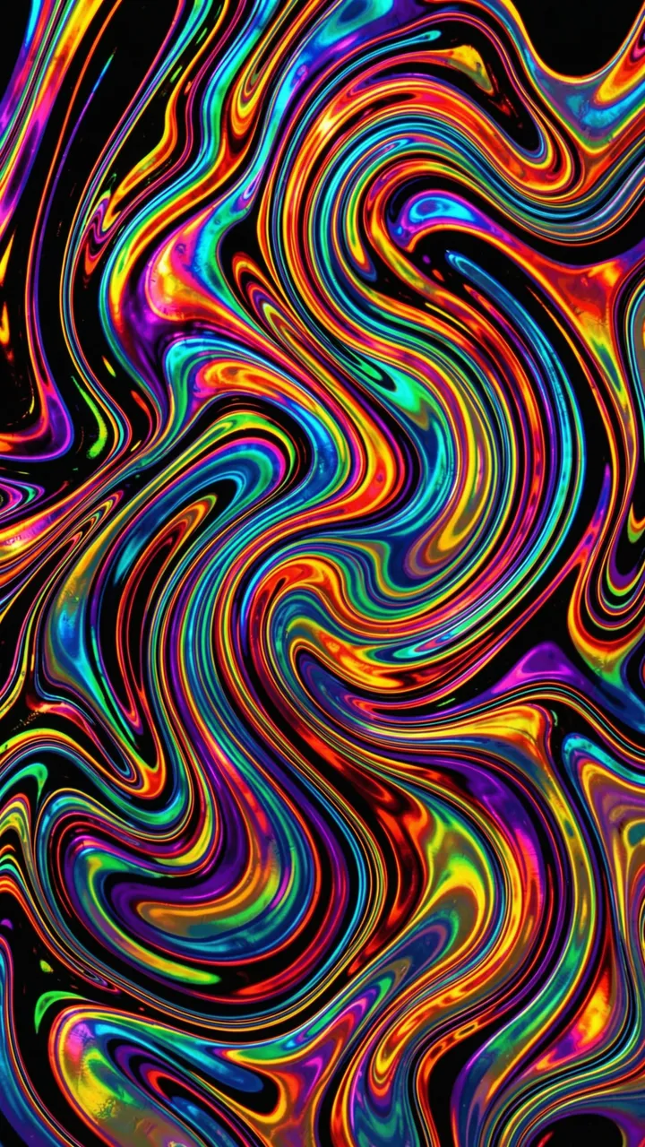 Glossy iridescent rainbow oil-slick swirls twist across a solid black background