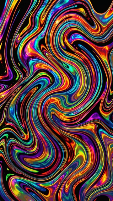 Glossy iridescent rainbow oil-slick swirls twist across a solid black background