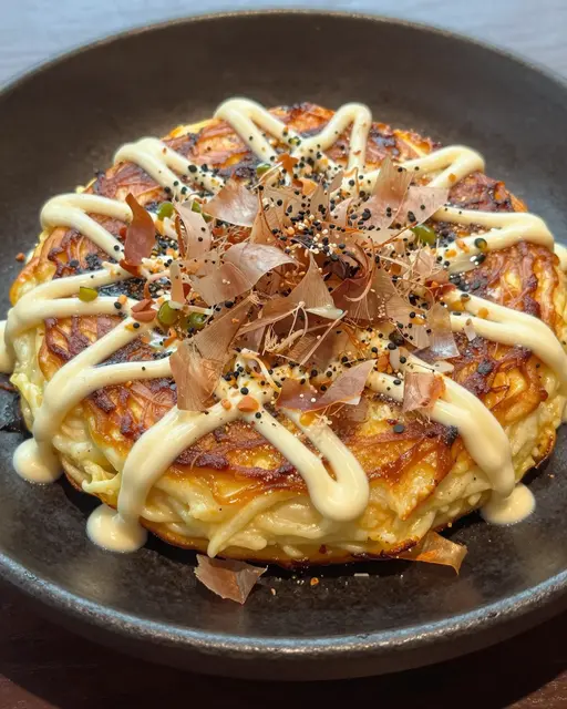 A savory okonomiyaki pancake topped with mayo, bonito flakes and sprinkles rests on a dark ceramic plate