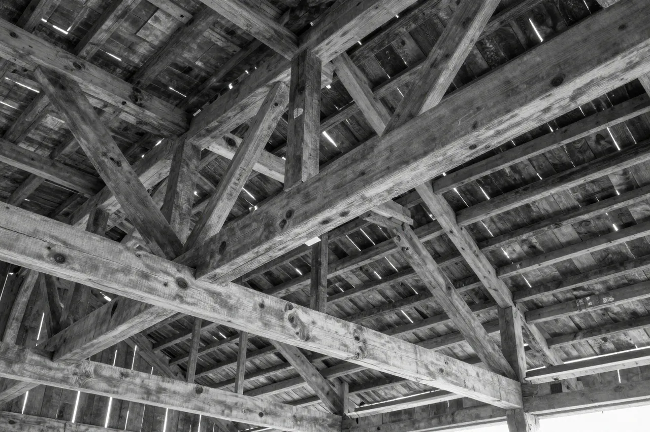 Looking up at crisscrossed weathered wooden barn roof beams with light streaming through plank gaps in black and white