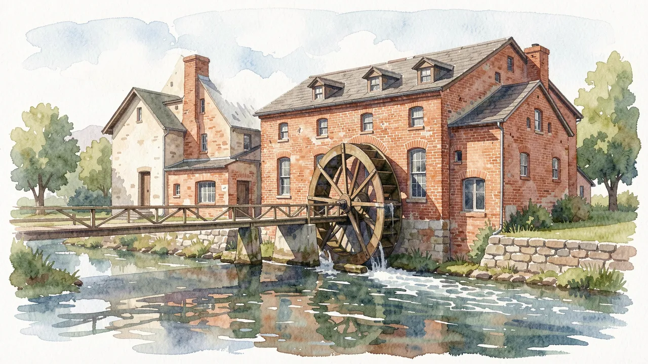 Watercolor painting of a historic brick grist mill with a wooden water wheel beside a calm river and footbridge
